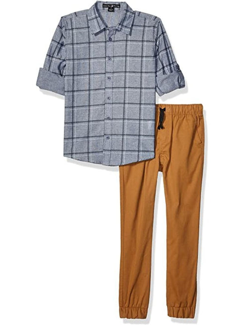 Beverly Hills Polo Club Boys 2 Piece Grey Checked Dress Shirt Twill Pants Outfit, Sizes 4-7 - SophiasStyle.com
